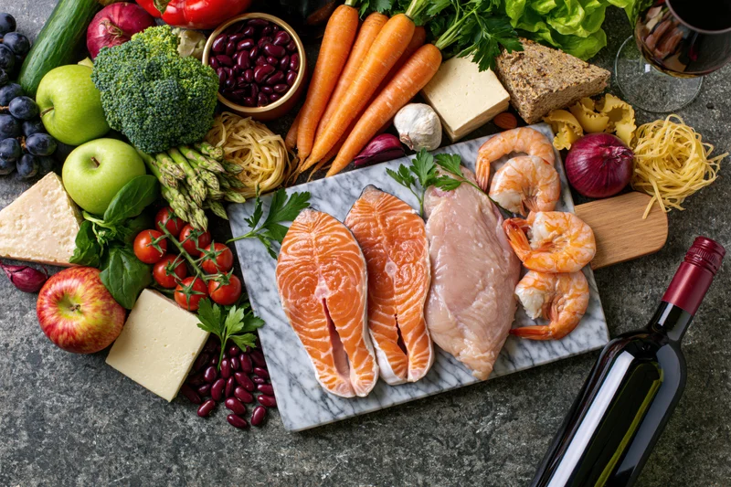Salmon, chicken and shrimp on a marble cutting board surrounded by vegetables, fruits, cheese and wine