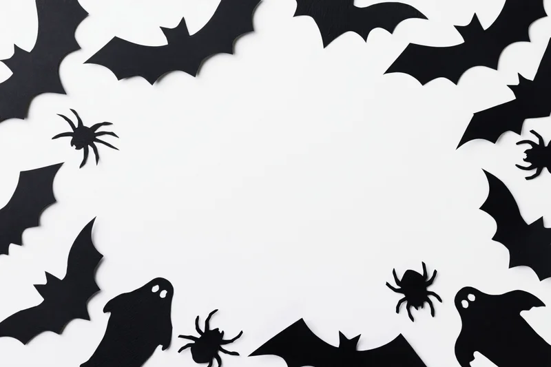 Black paper halloween cutouts of bats spiders and ghosts arranged in a frame on white background with copyspace