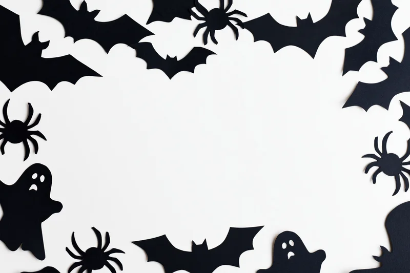 Black paper halloween cutouts of bats spiders and ghosts arranged in a frame on white background with copyspace