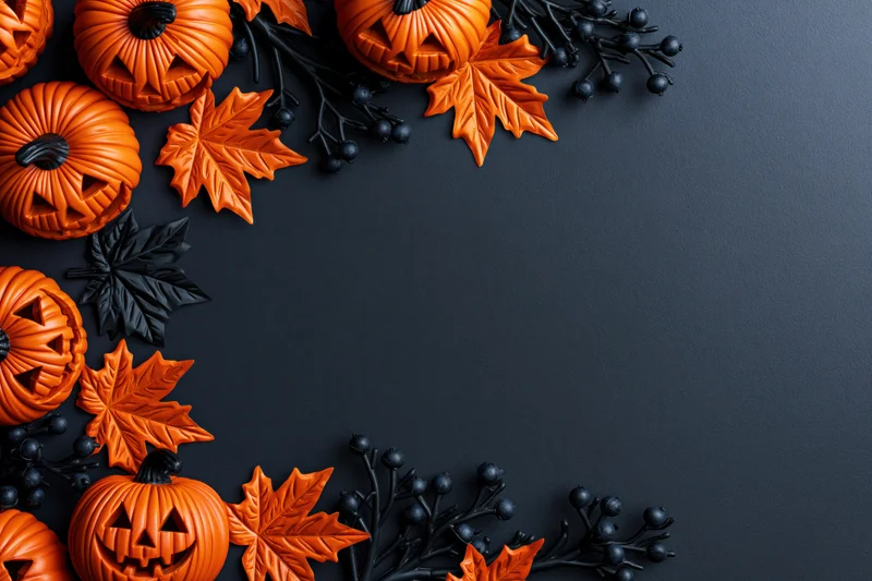Carved jack-o-lanterns and paper maple leaves arranged in a border on a dark surface with copyspace