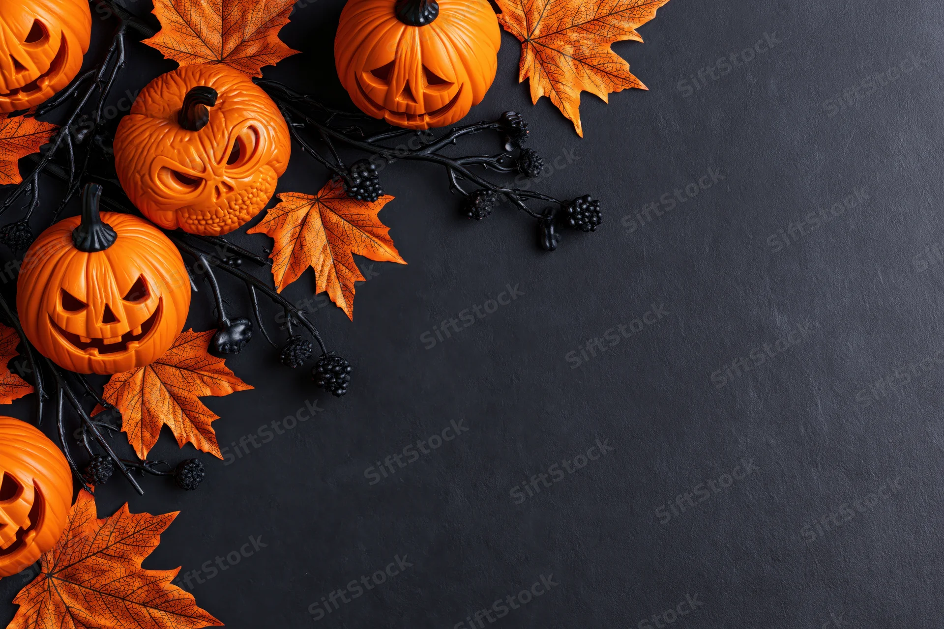 Carved jack-o-lanterns and autumn leaves arranged on dark surface with copyspace