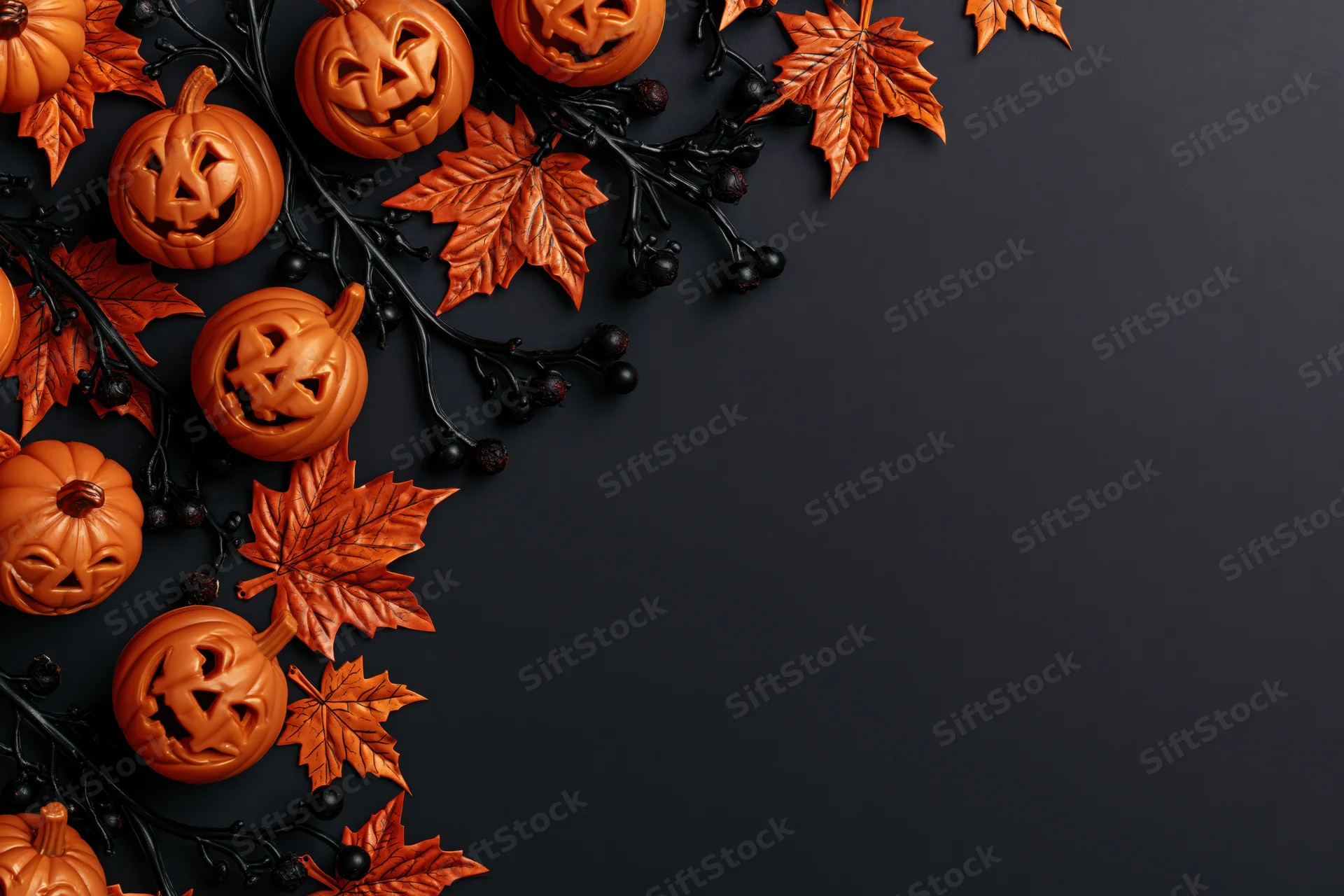 Carved jack-o-lanterns and orange maple leaves arranged in a corner border on a dark surface with copyspace