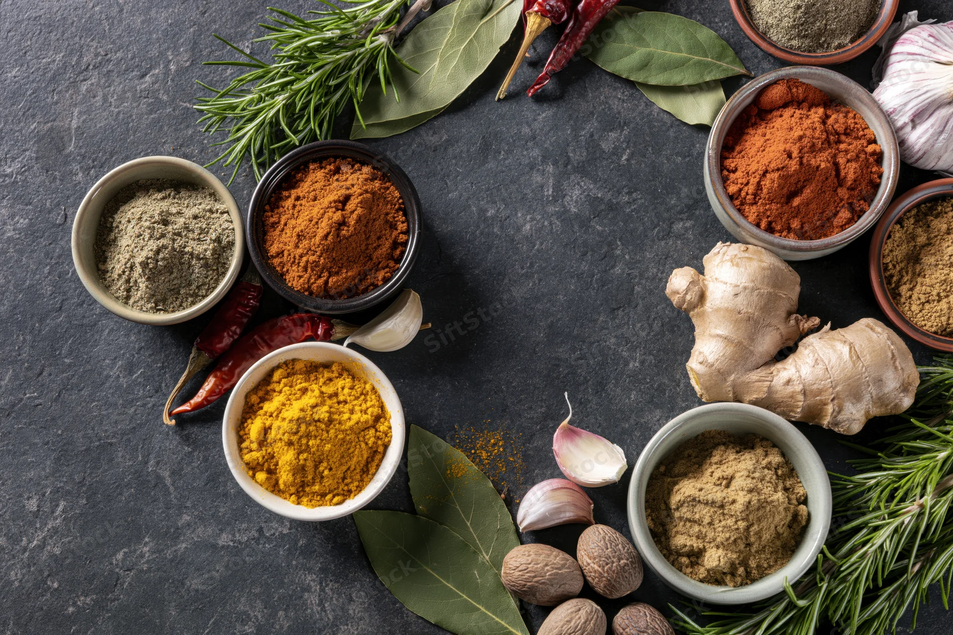 Various spices and herbs arranged in a circular flat lay on dark surface with central copyspace
