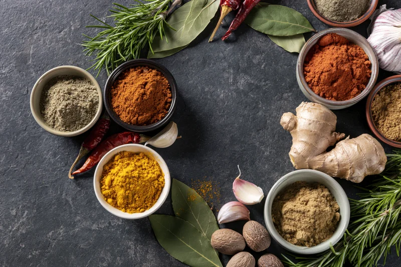 Various spices and herbs arranged in a circular flat lay on dark surface with central copyspace
