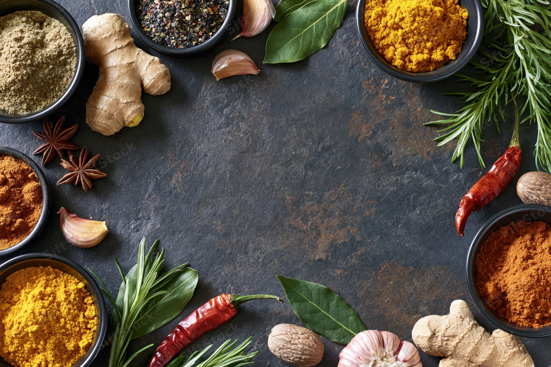 Cooking spices and herbs arranged in a circular flat lay on dark textured surface with central copyspace