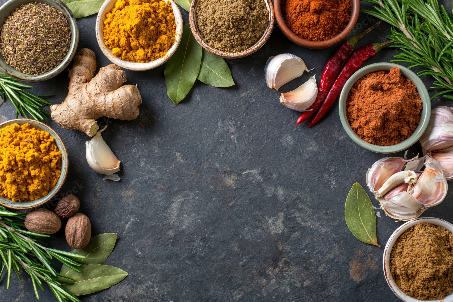 Cooking spices and herbs arranged around the edge of a dark stone surface