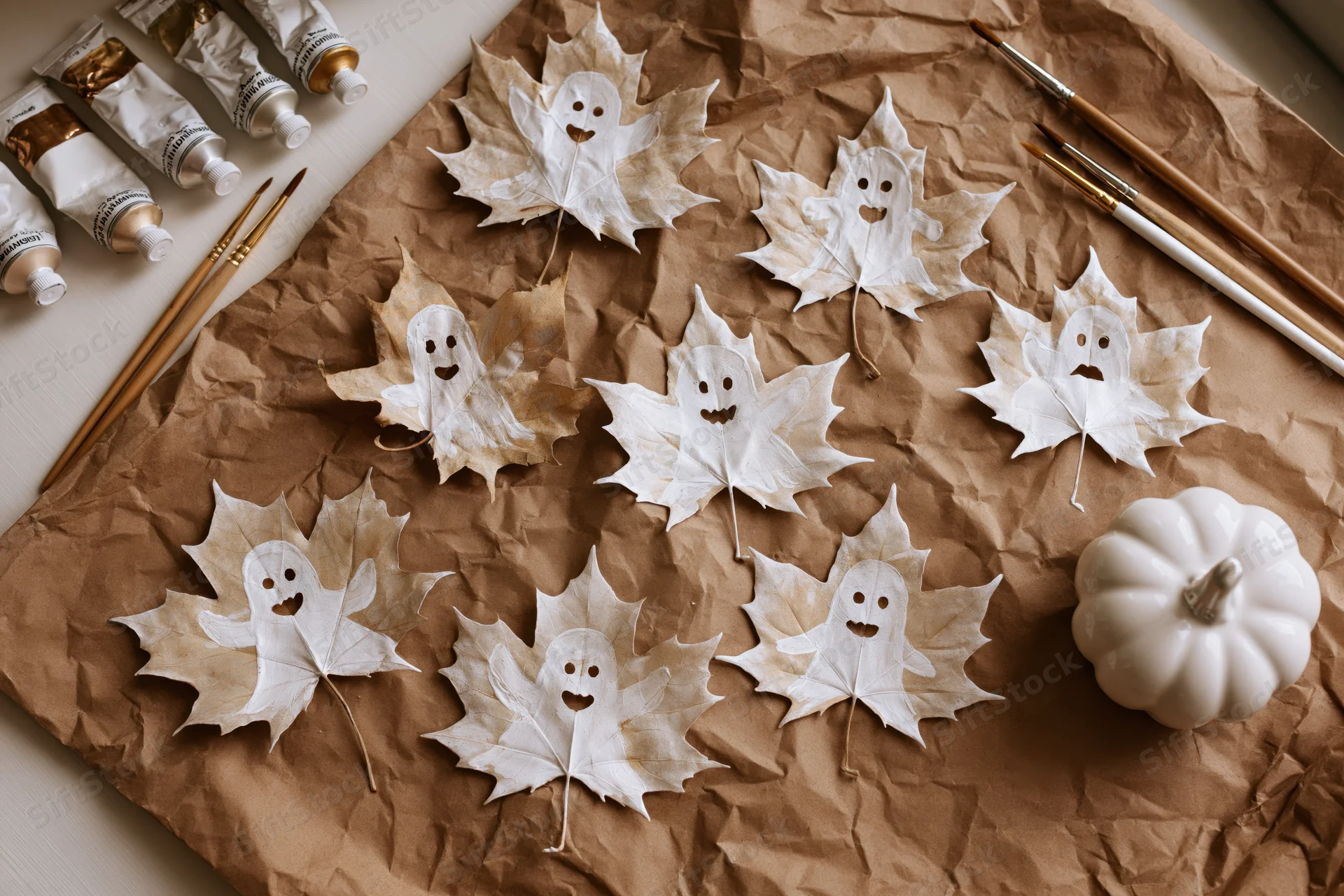 Dried maple leaves painted white with ghost faces arranged on brown paper with paint tubes and brushes for halloween craft