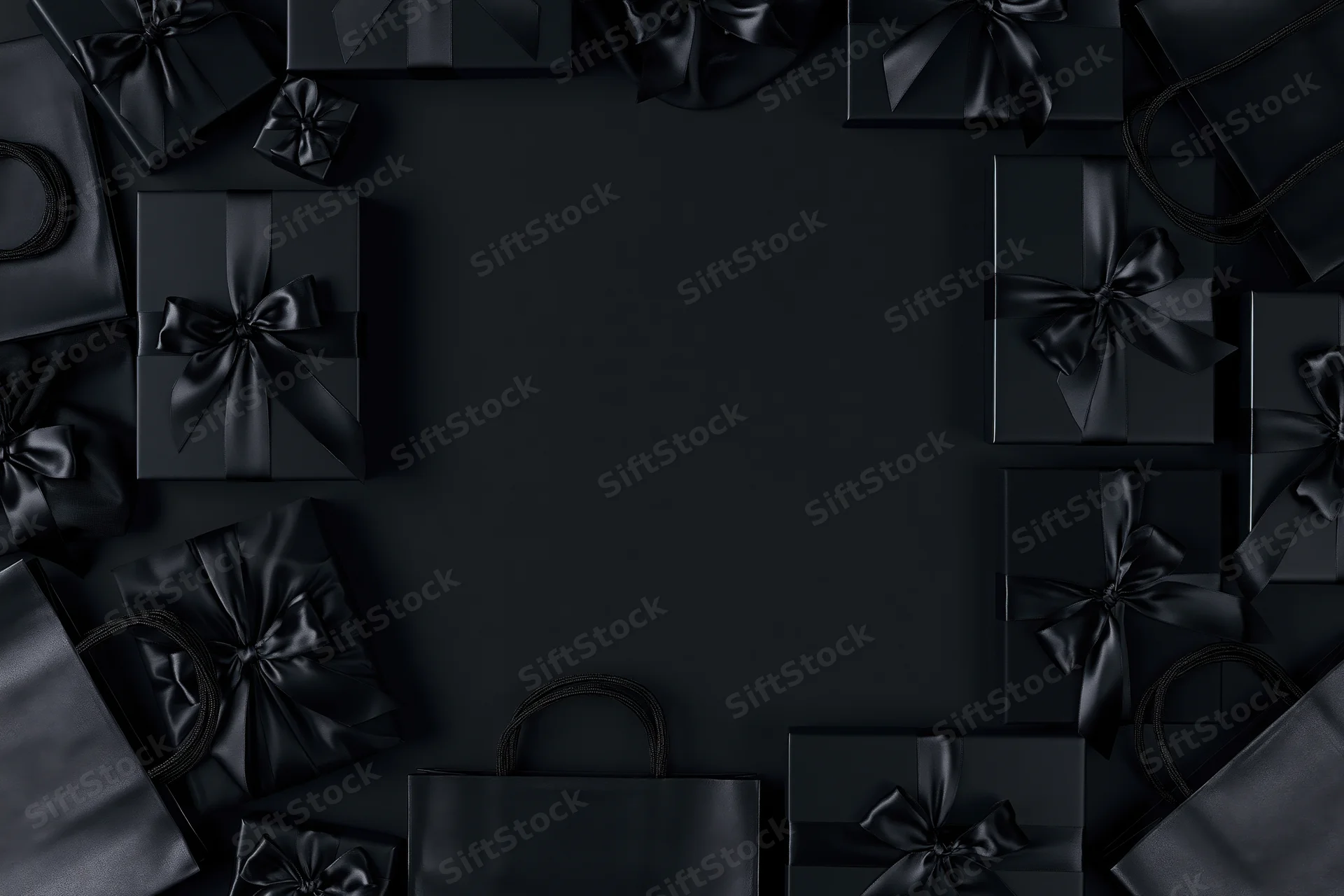 Black gift boxes with satin ribbon bows arranged in a frame around copyspace