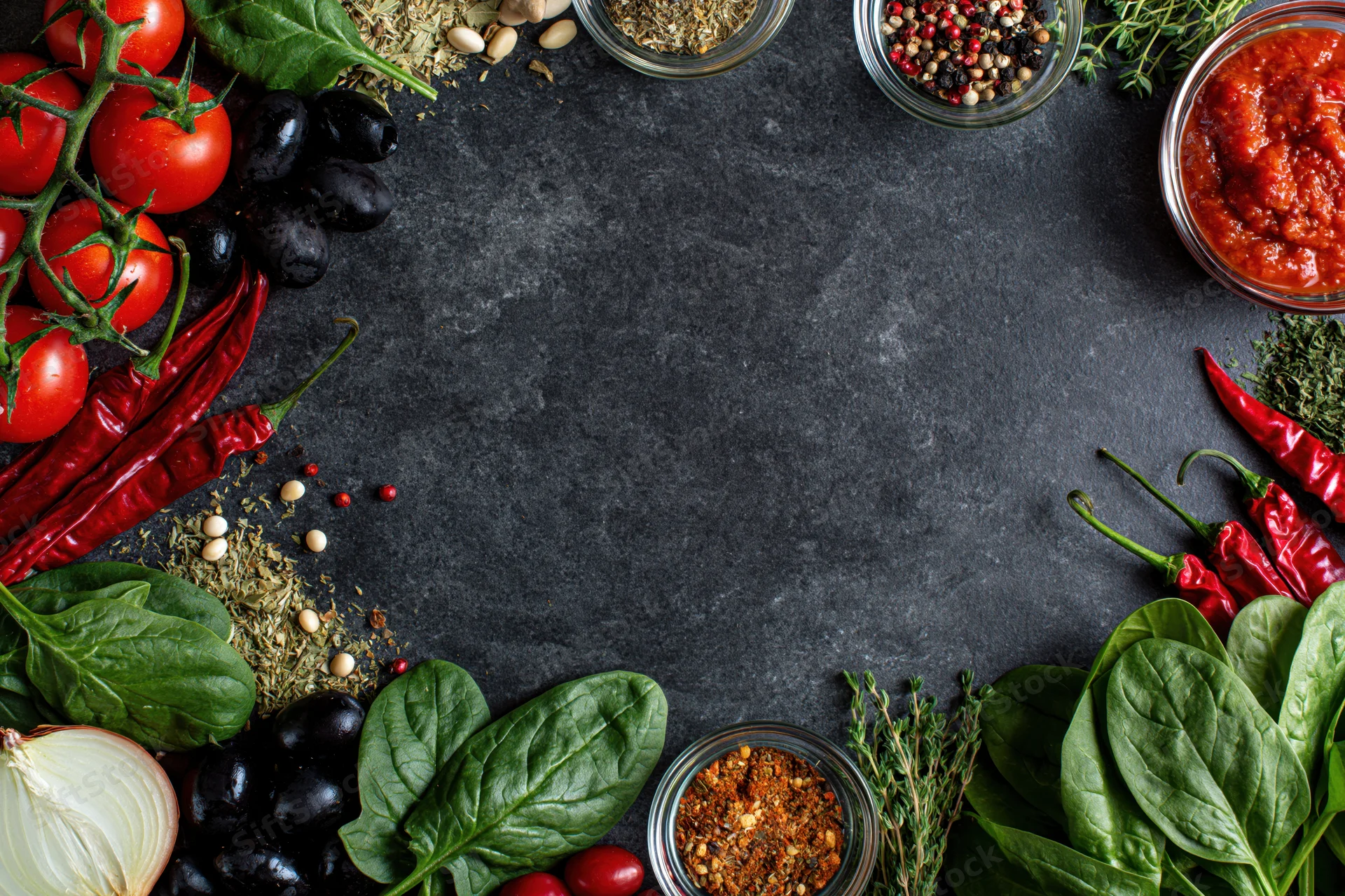 Pizza ingredients arranged around edges of dark countertop with central copyspace