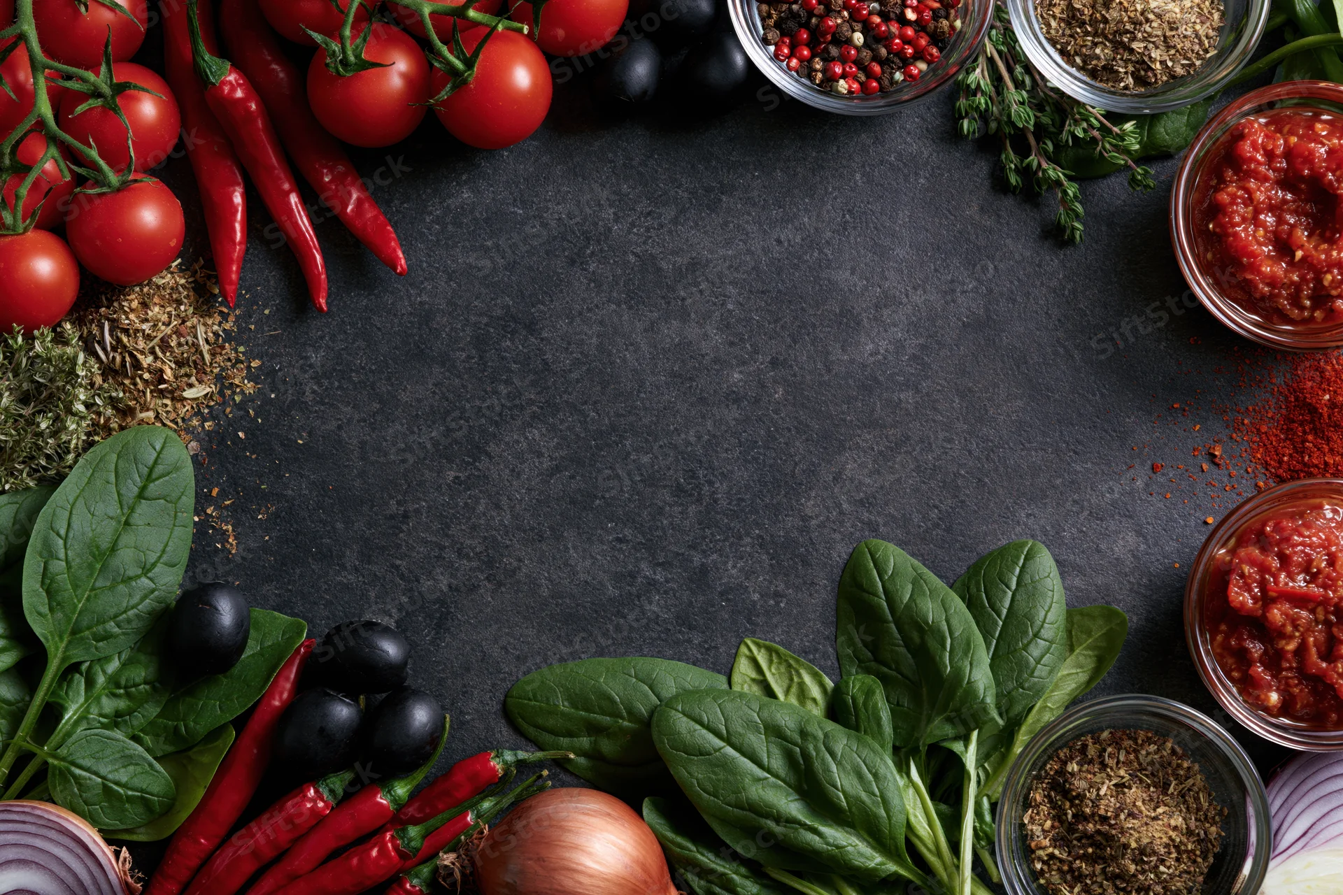 Pizza ingredients arranged around the edges of a dark countertop with copyspace in center
