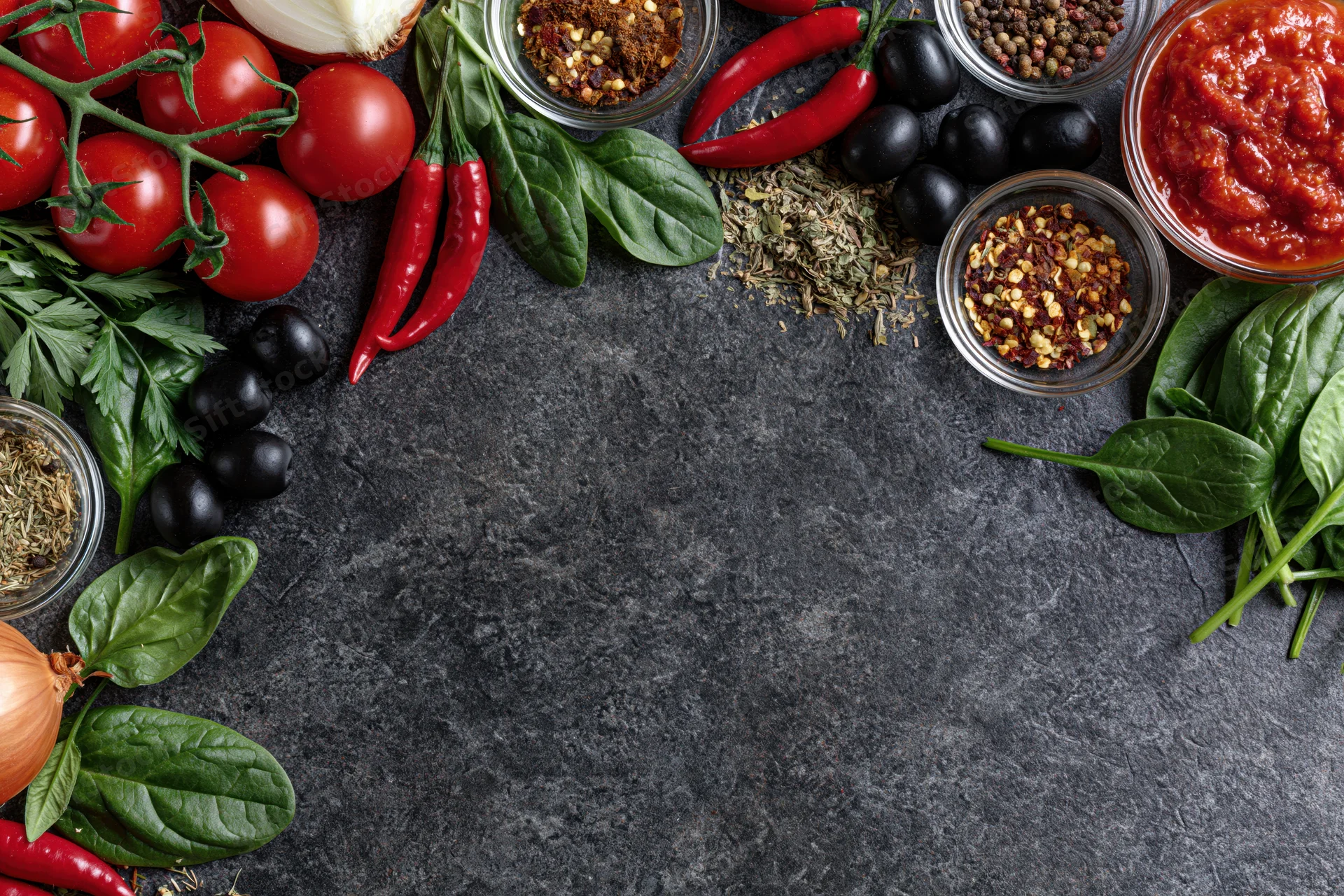 Pizza ingredients arranged around the edges of a dark stone surface with central copyspace