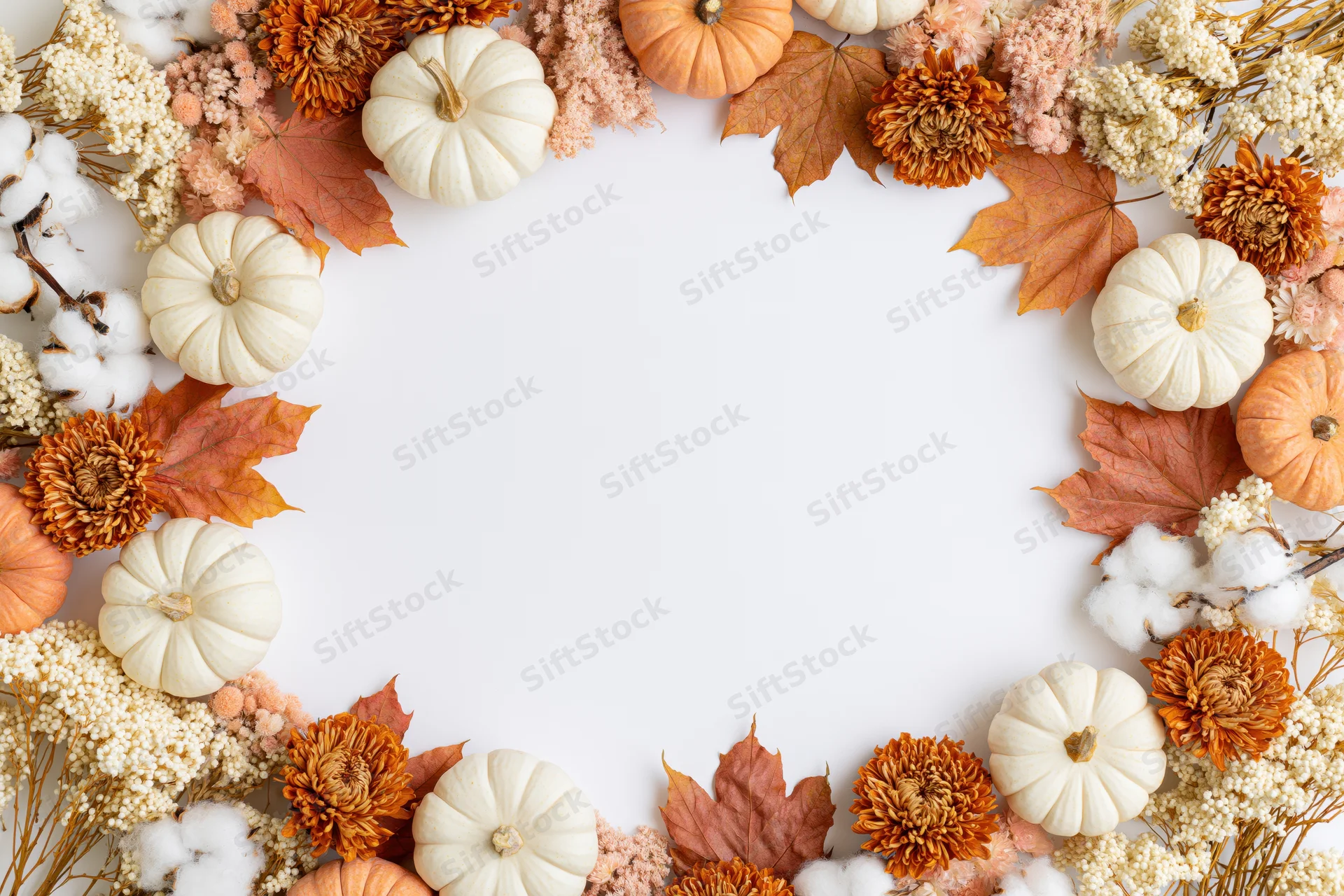Autumnal flat lay with white and orange mini pumpkins, dried maple leaves, cotton, and flowers arranged in a border around a white center