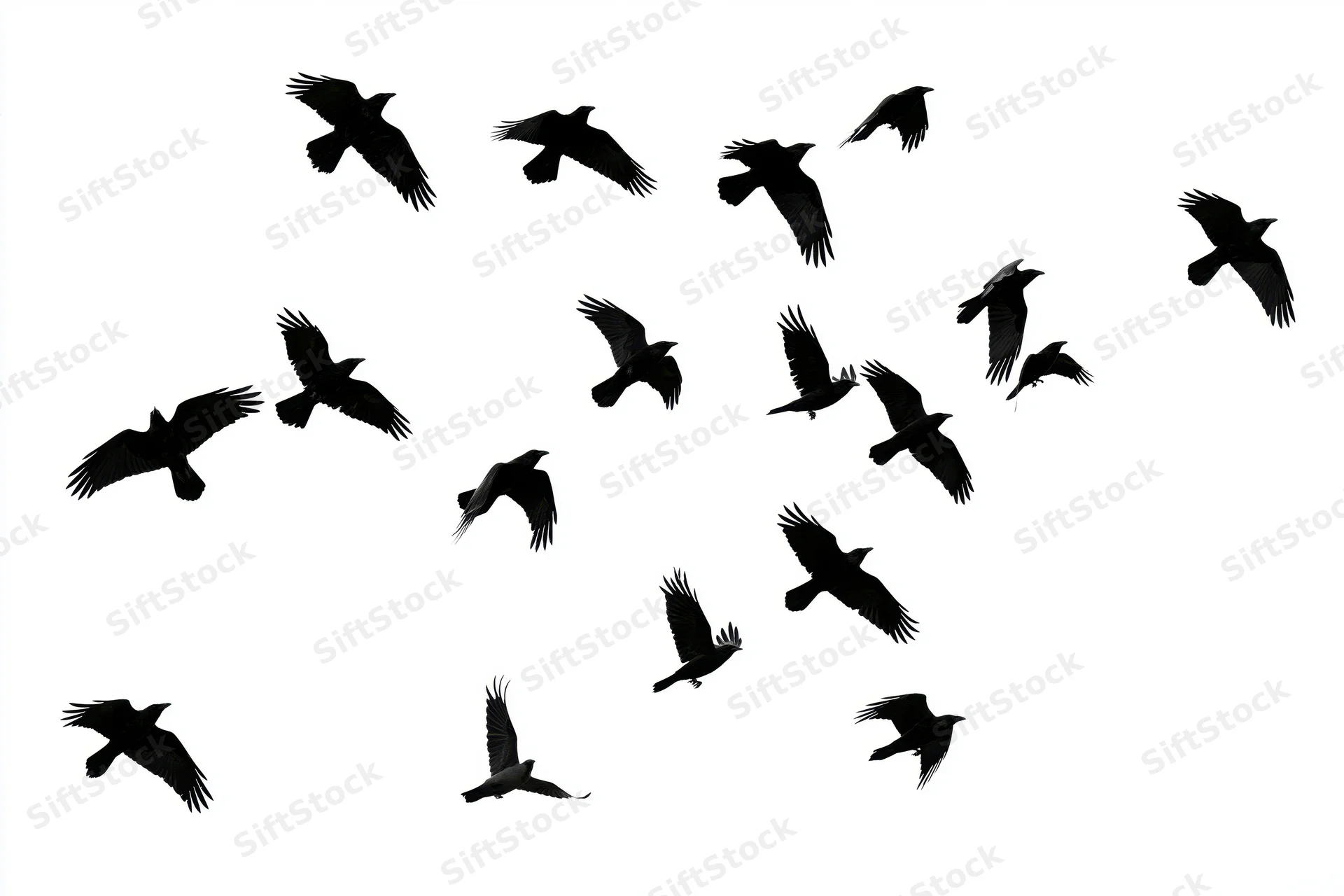 Silhouetted crows in mid-flight against a white background