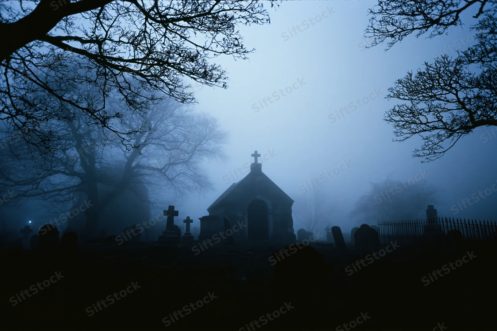 Foggy cemetery at night with a small stone mausoleum chapel and bare trees silhouetted against misty blue sky