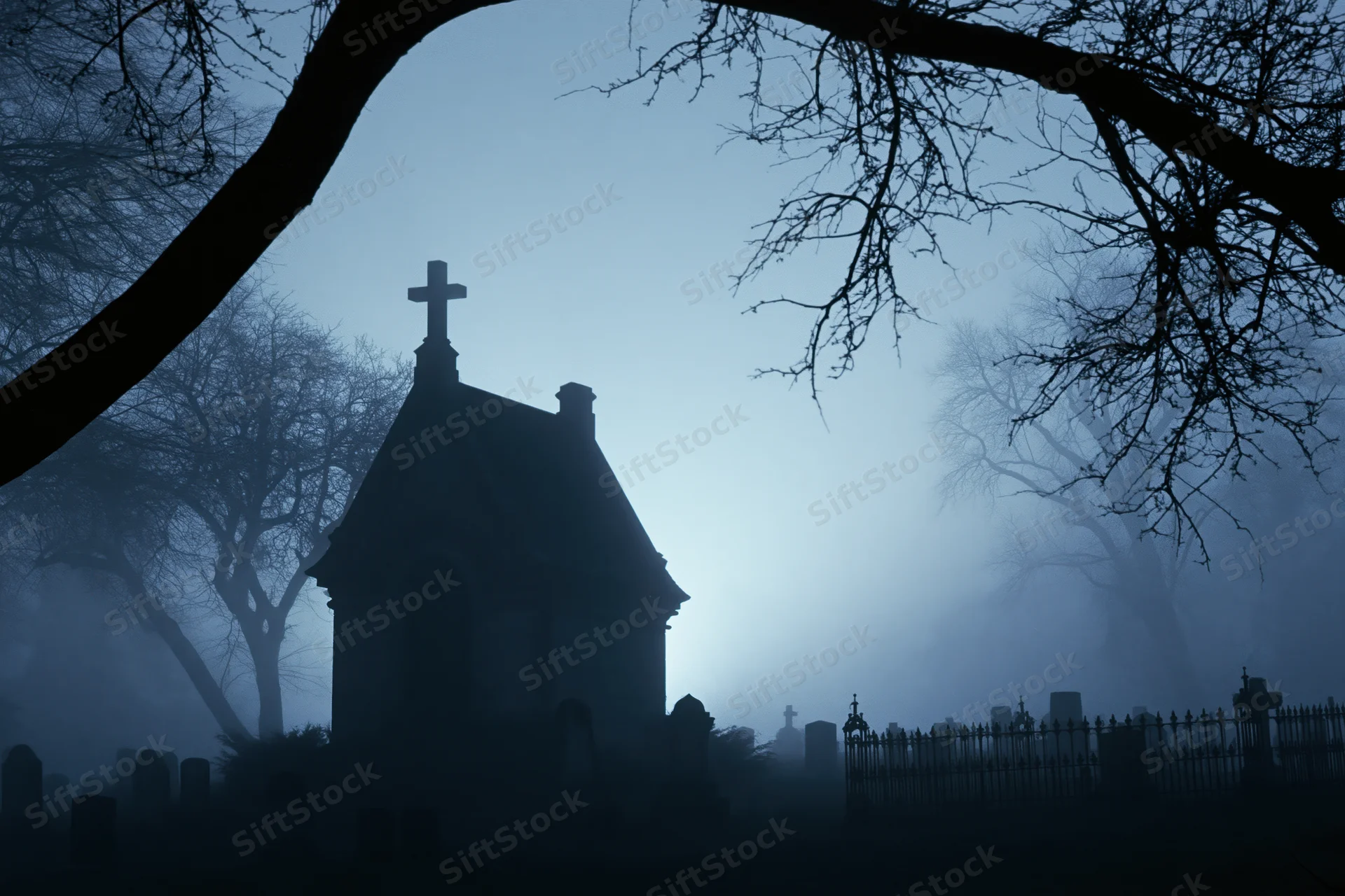 Silhouetted stone mausoleum chapel in a foggy cemetery at night framed by bare tree branches