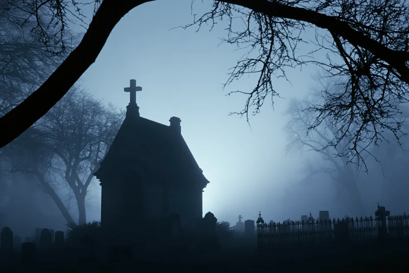 Silhouetted stone mausoleum chapel in a foggy cemetery at night framed by bare tree branches