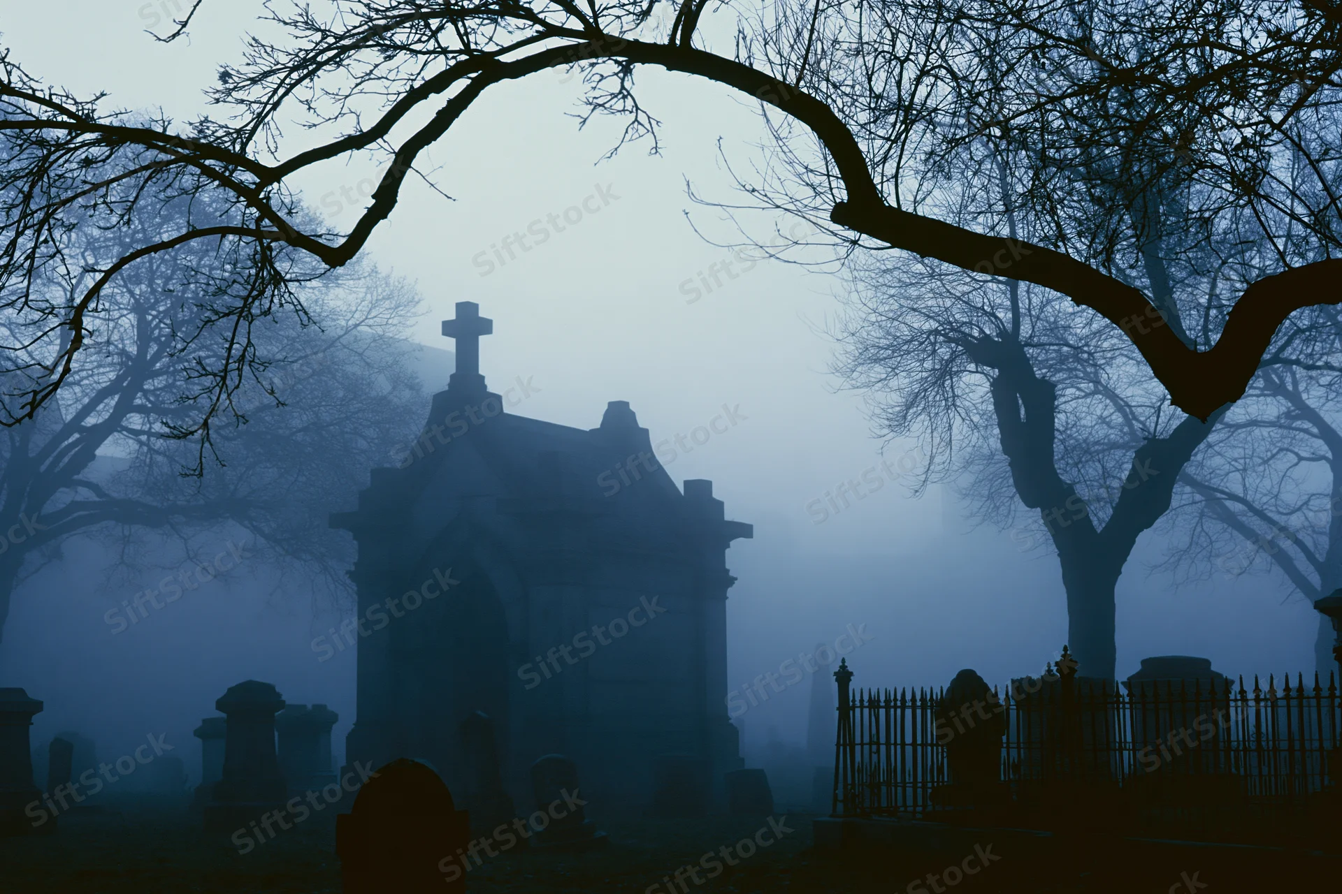 Foggy cemetery at night with a stone mausoleum chapel framed by bare tree branches
