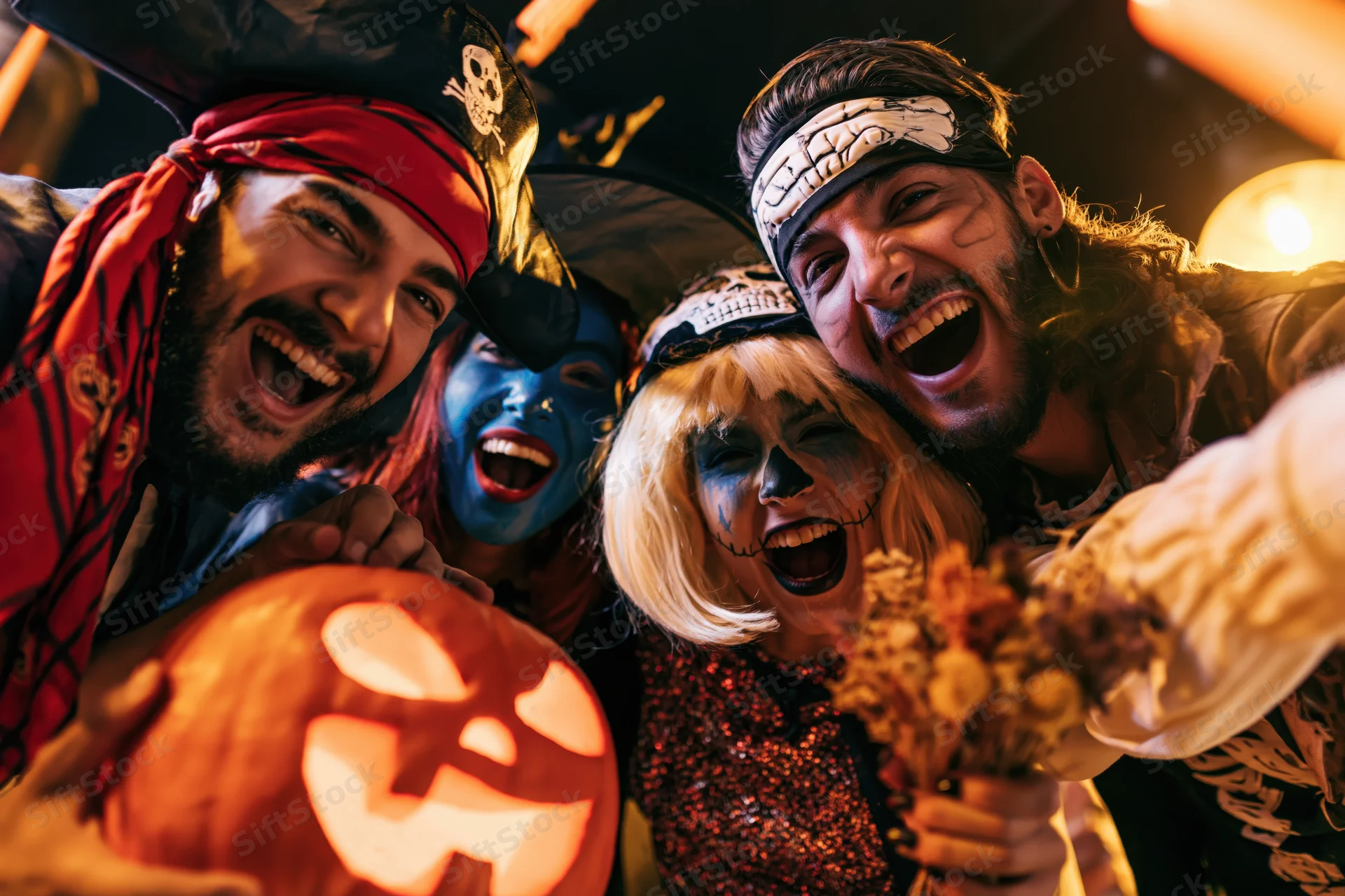 Four adults in halloween costumes laughing together indoors with a carved pumpkin and decorations