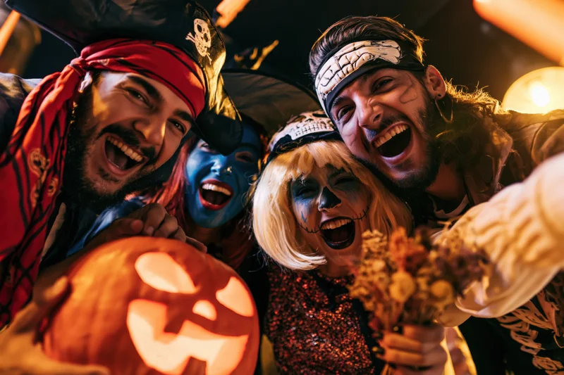 Four adults in halloween costumes laughing together indoors with a carved pumpkin and decorations