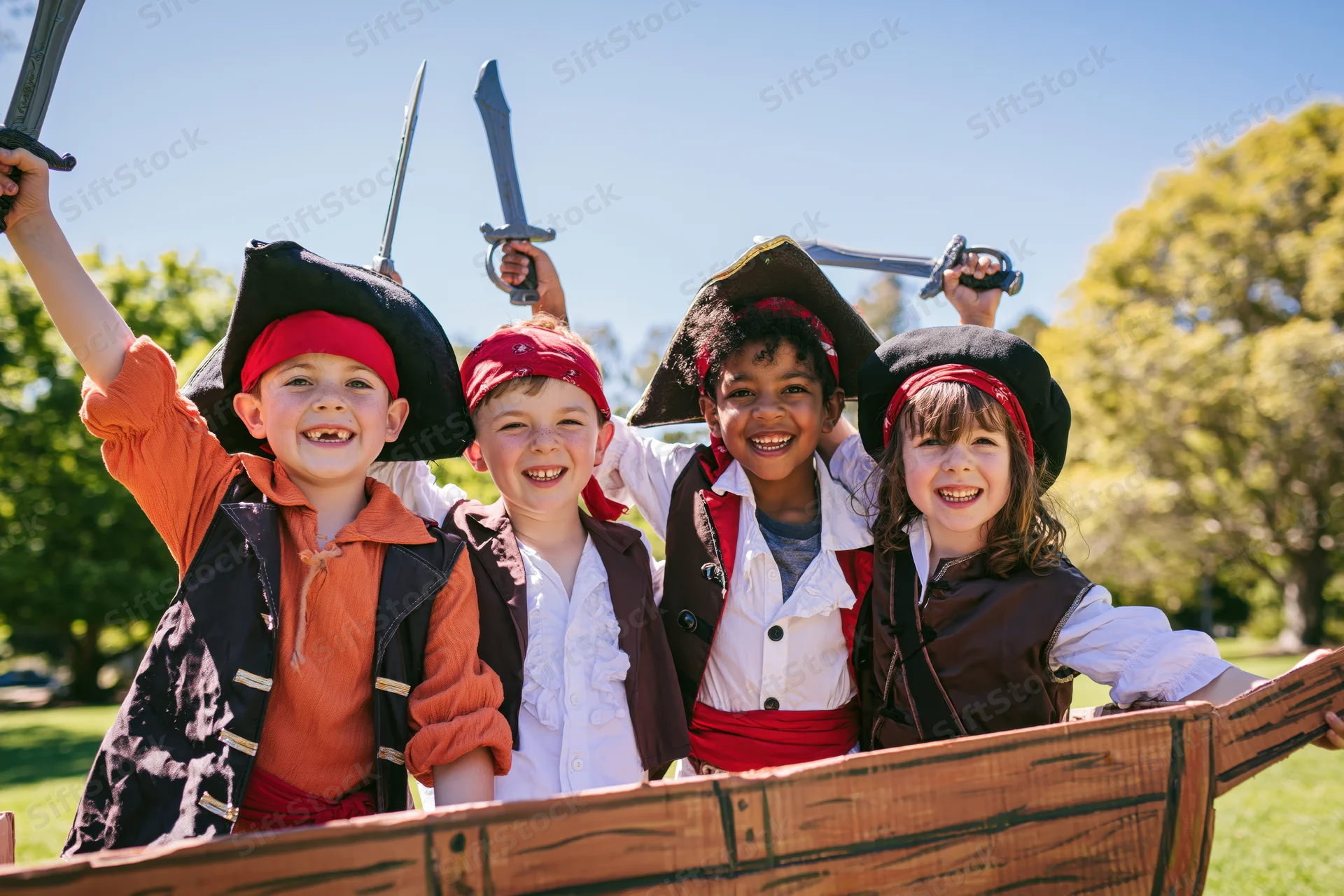 Four children in pirate costumes smiling while holding swords and posing behind a painted cardboard ship in a park