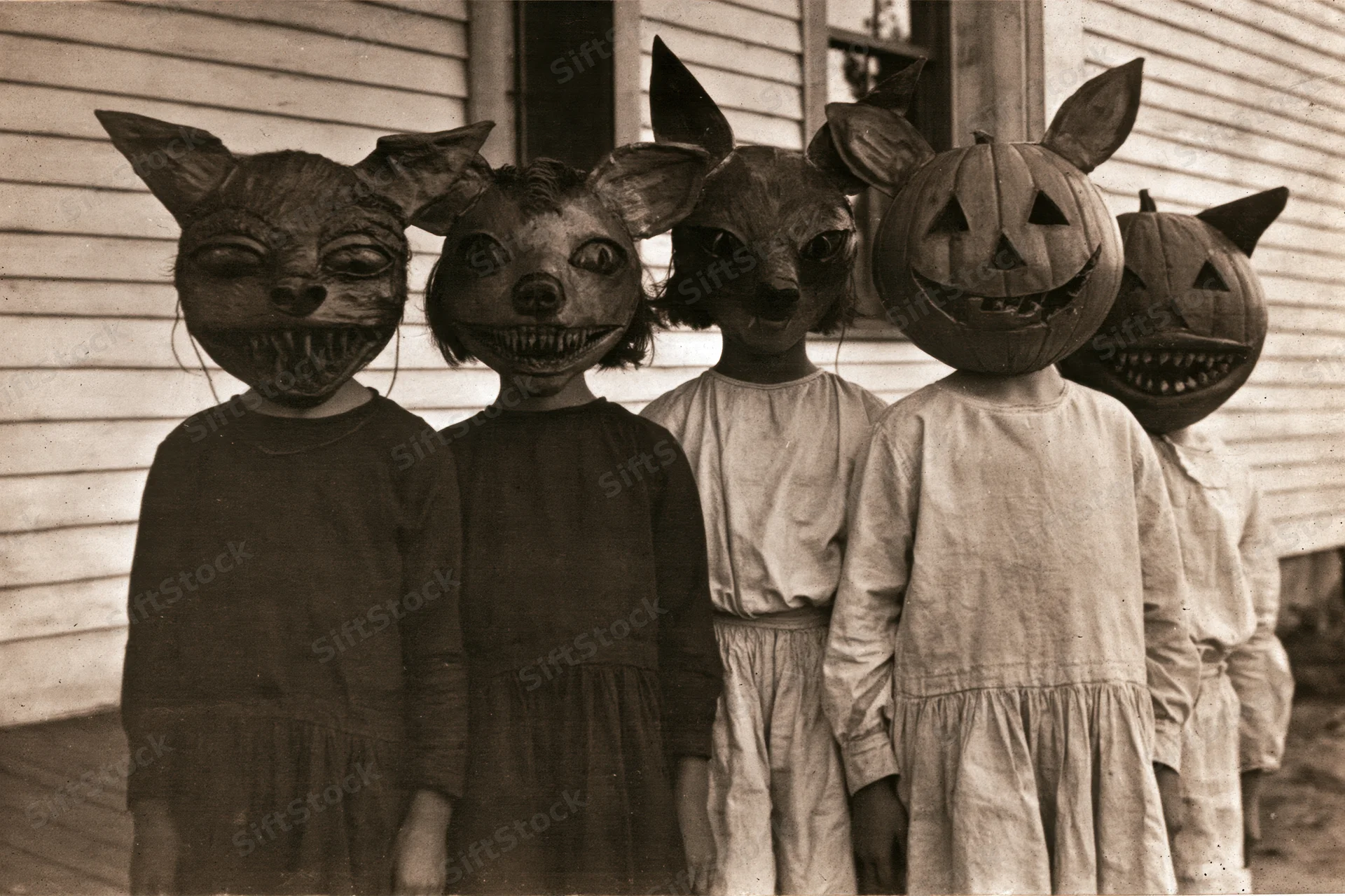 Children wearing oversized handmade halloween masks on a porch