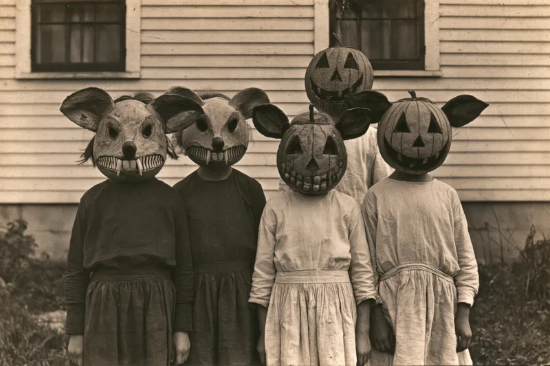 Four children in oversized handmade halloween masks standing in front of a house
