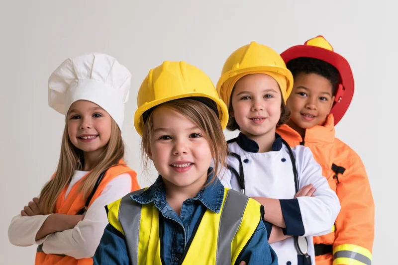 Four diverse children aged 6-9 in career costumes smiling at camera with arms crossed