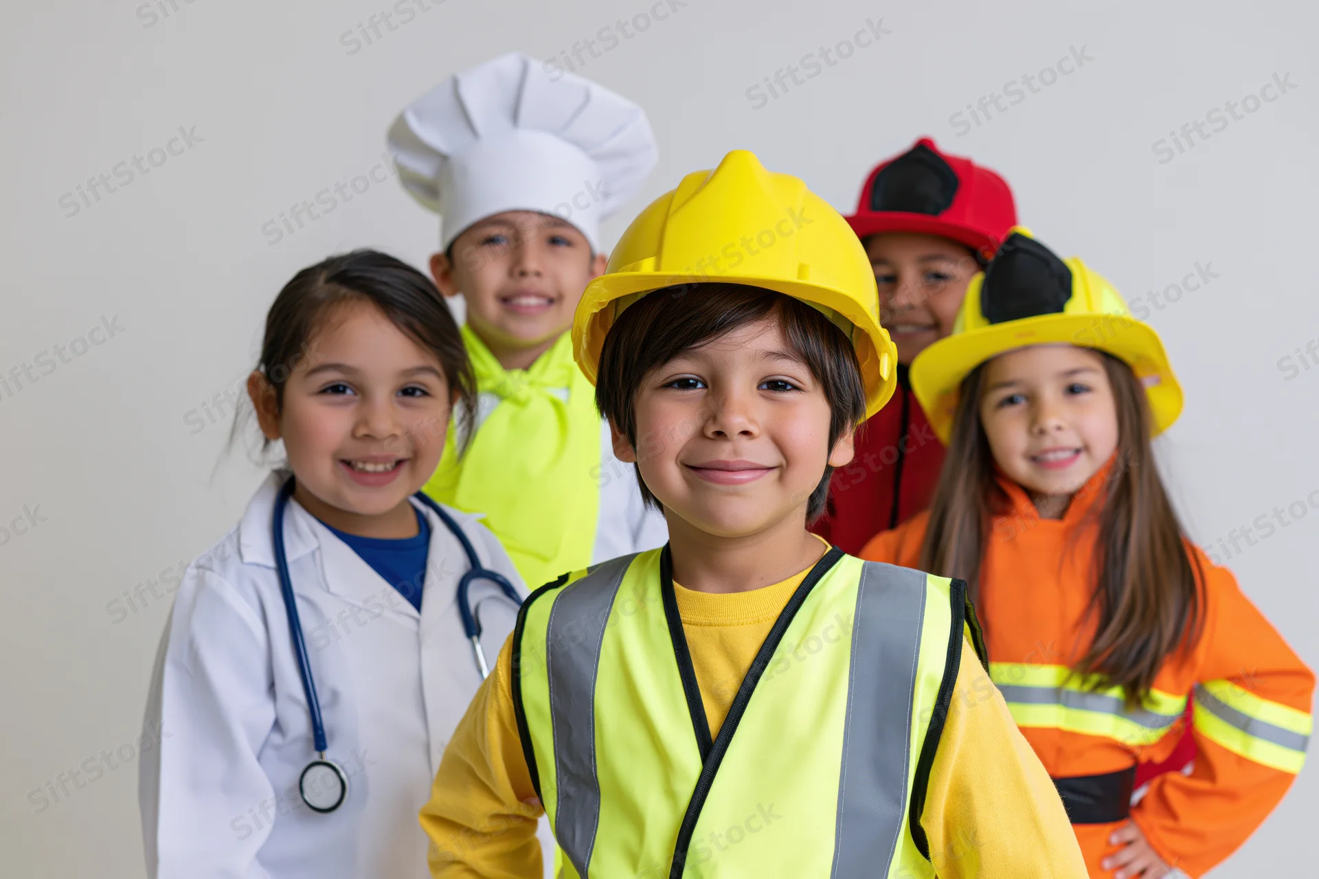 Children in career costumes smiling at camera in a group pose