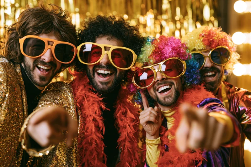 Four men in retro disco costumes laughing and pointing at the camera in a glittering party setting