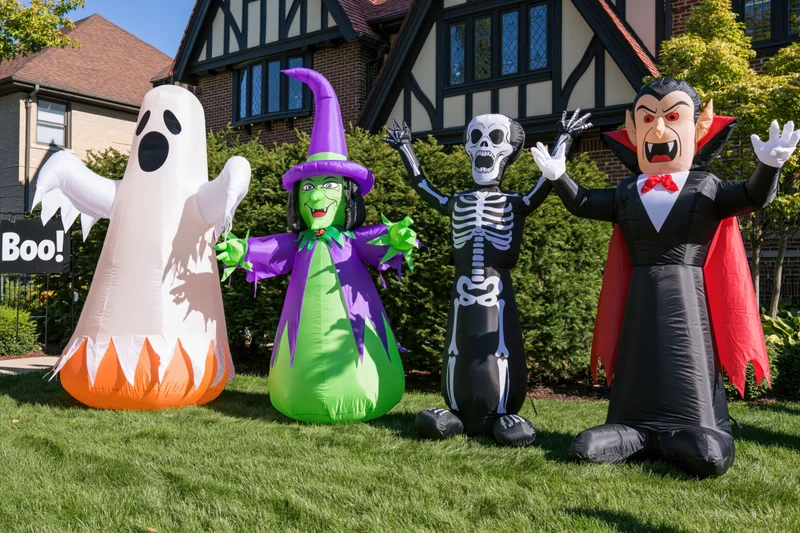 Four inflatable halloween characters lined up on a suburban lawn in front of a house