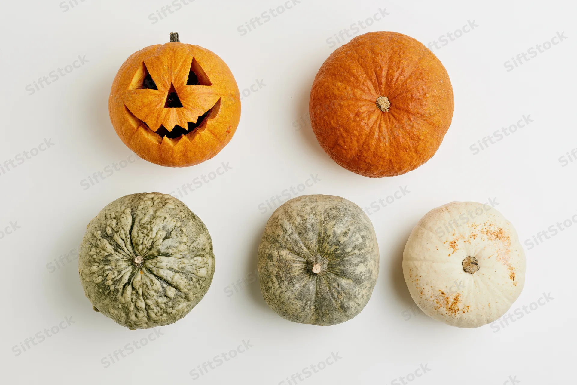 Carved jack-o-lantern and four decorative pumpkins arranged in grid on white surface