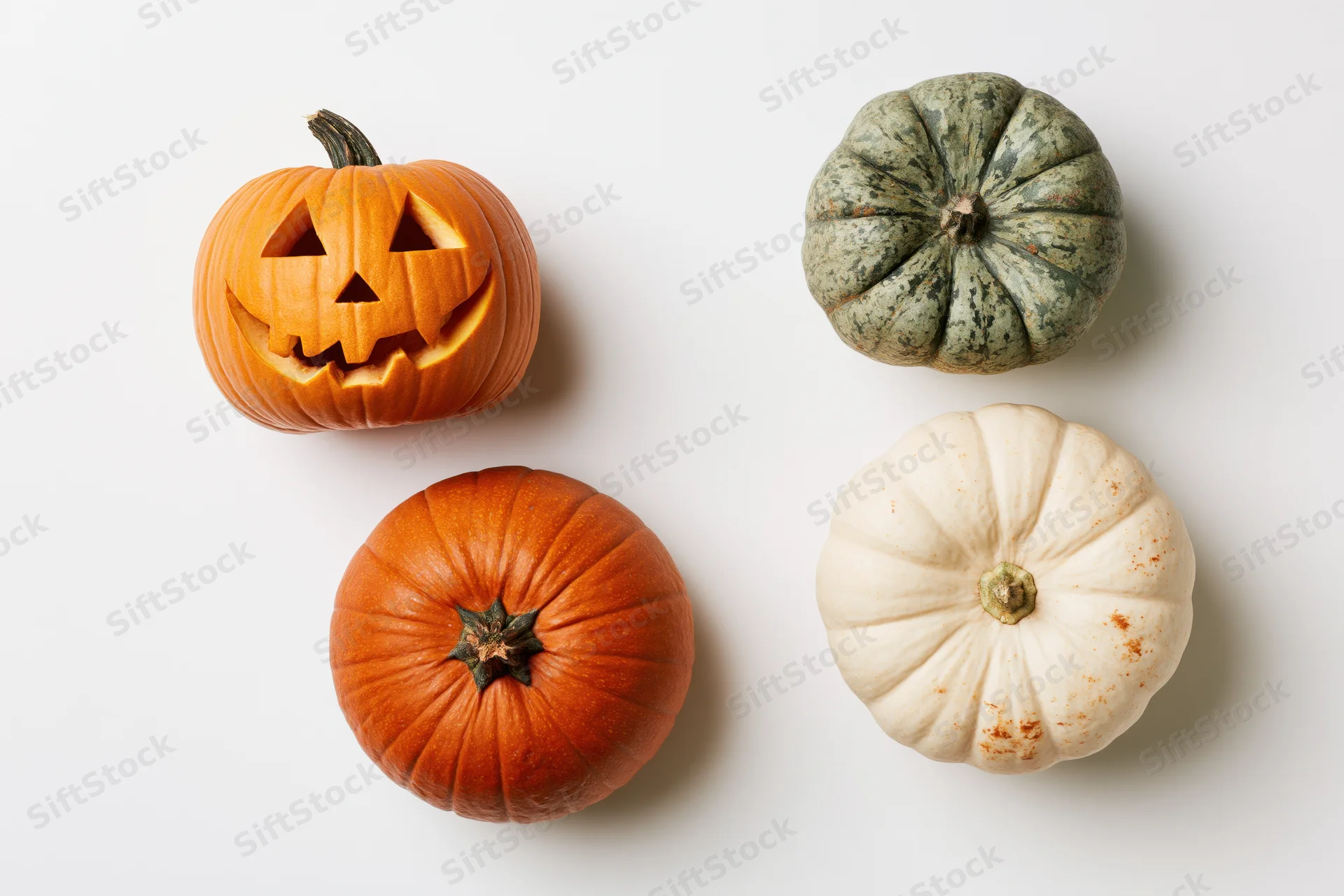 Four pumpkins arranged in a grid on white background, one carved as jack-o-lantern