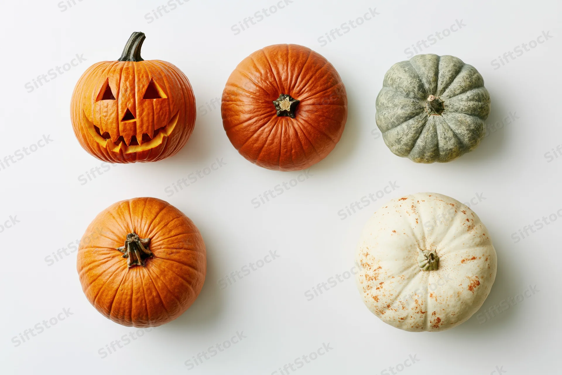Five pumpkins arranged in a grid on a white surface, one carved as a jack-o'-lantern