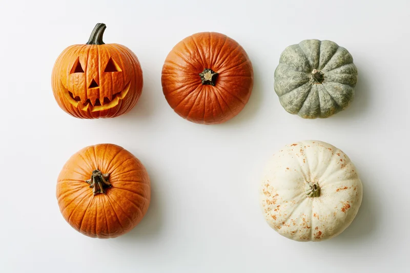 Five pumpkins arranged in a grid on a white surface, one carved as a jack-o'-lantern