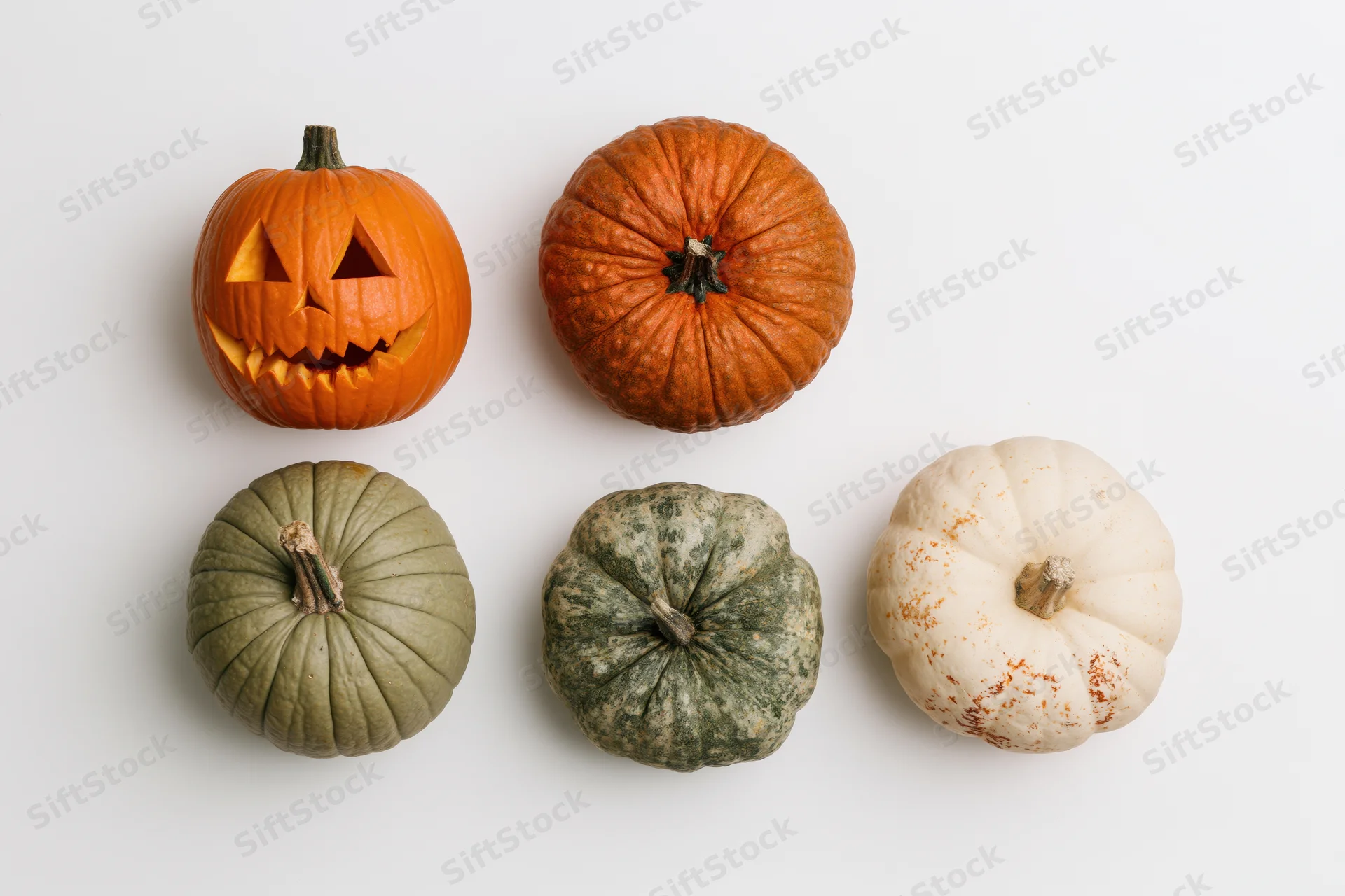 Five pumpkins arranged in a grid on a white surface, one carved as a jack-o'-lantern
