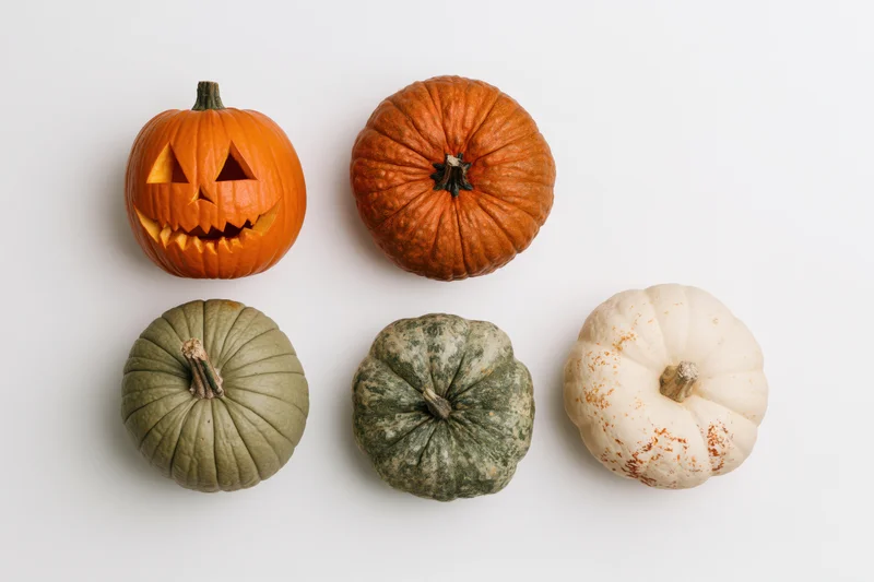 Five pumpkins arranged in a grid on a white surface, one carved as a jack-o'-lantern
