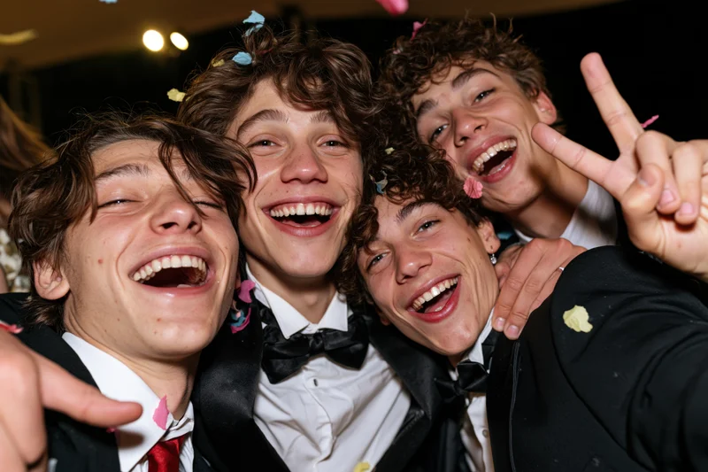 Four teenage boys in tuxedos laughing and posing together at a formal party with confetti falling around them