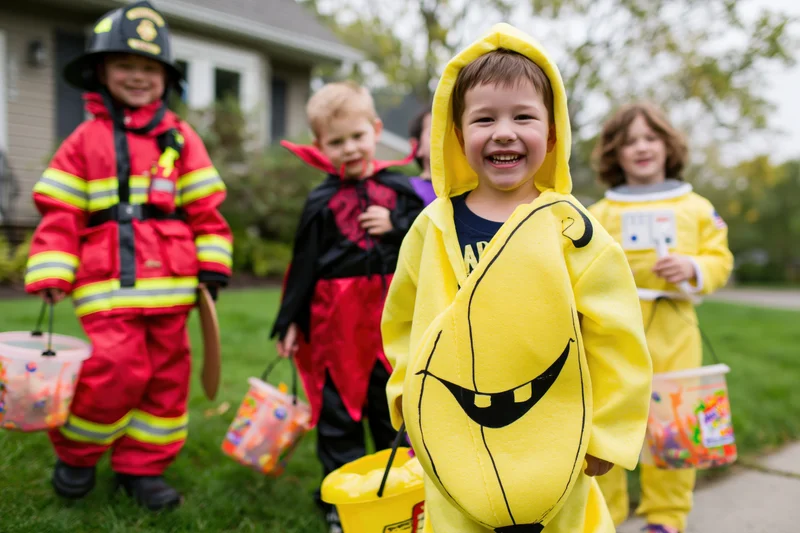 Four young children in halloween costumes smiling while trick-or-treating outdoors on a sidewalk near a house
