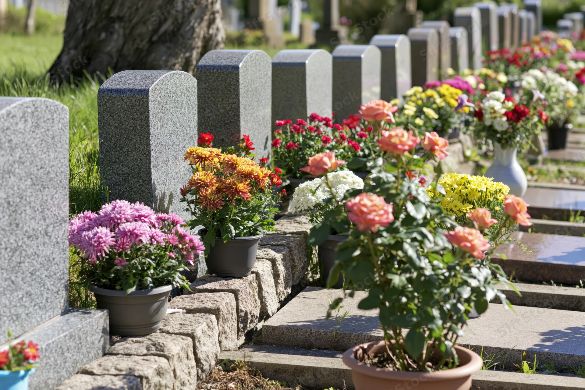 Rows of granite headstones in a French village cemetery adorned with potted flowers and vases on sunny day