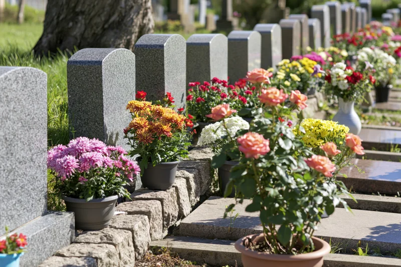 Rows of granite headstones in a French village cemetery adorned with potted flowers and vases on sunny day