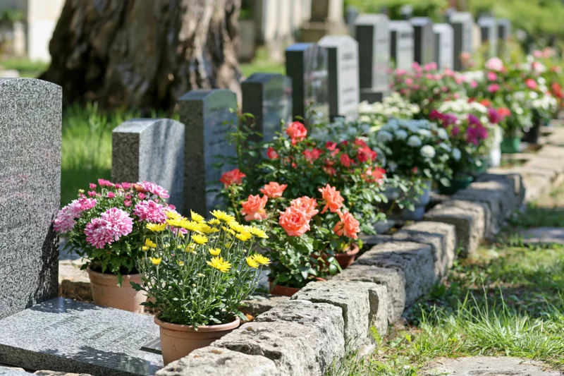 Rows of granite headstones in a french village cemetery lined with potted flowers on a sunny day