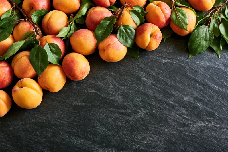 Fresh apricots with green leaves arranged on dark slate surface