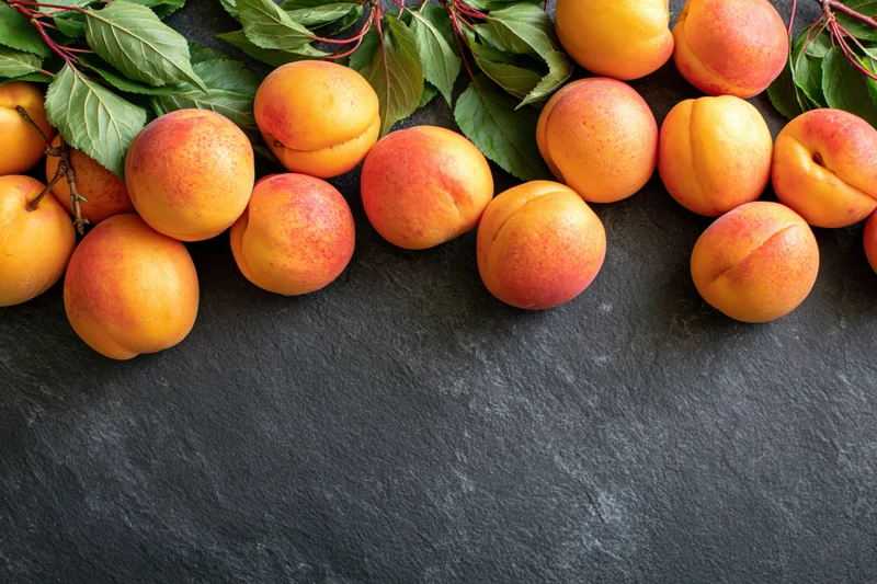 Fresh apricots with green leaves arranged on dark slate surface, top view with copyspace