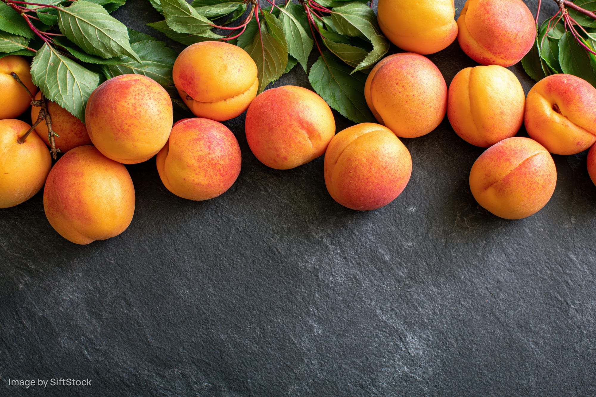 Fresh apricots with green leaves arranged on dark slate surface, top view with copyspace