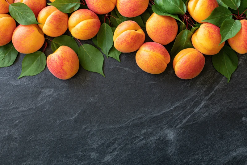 Fresh apricots with green leaves arranged along the top of a dark slate surface