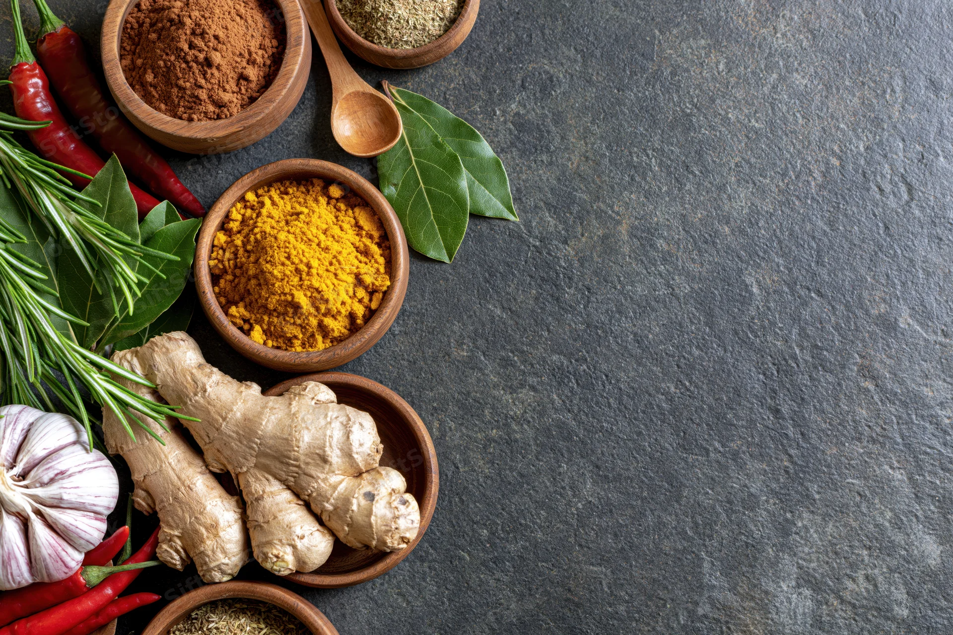 Fresh ginger, garlic, rosemary, red chili, bay leaf, and spices arranged in wooden bowls on a dark stone countertop