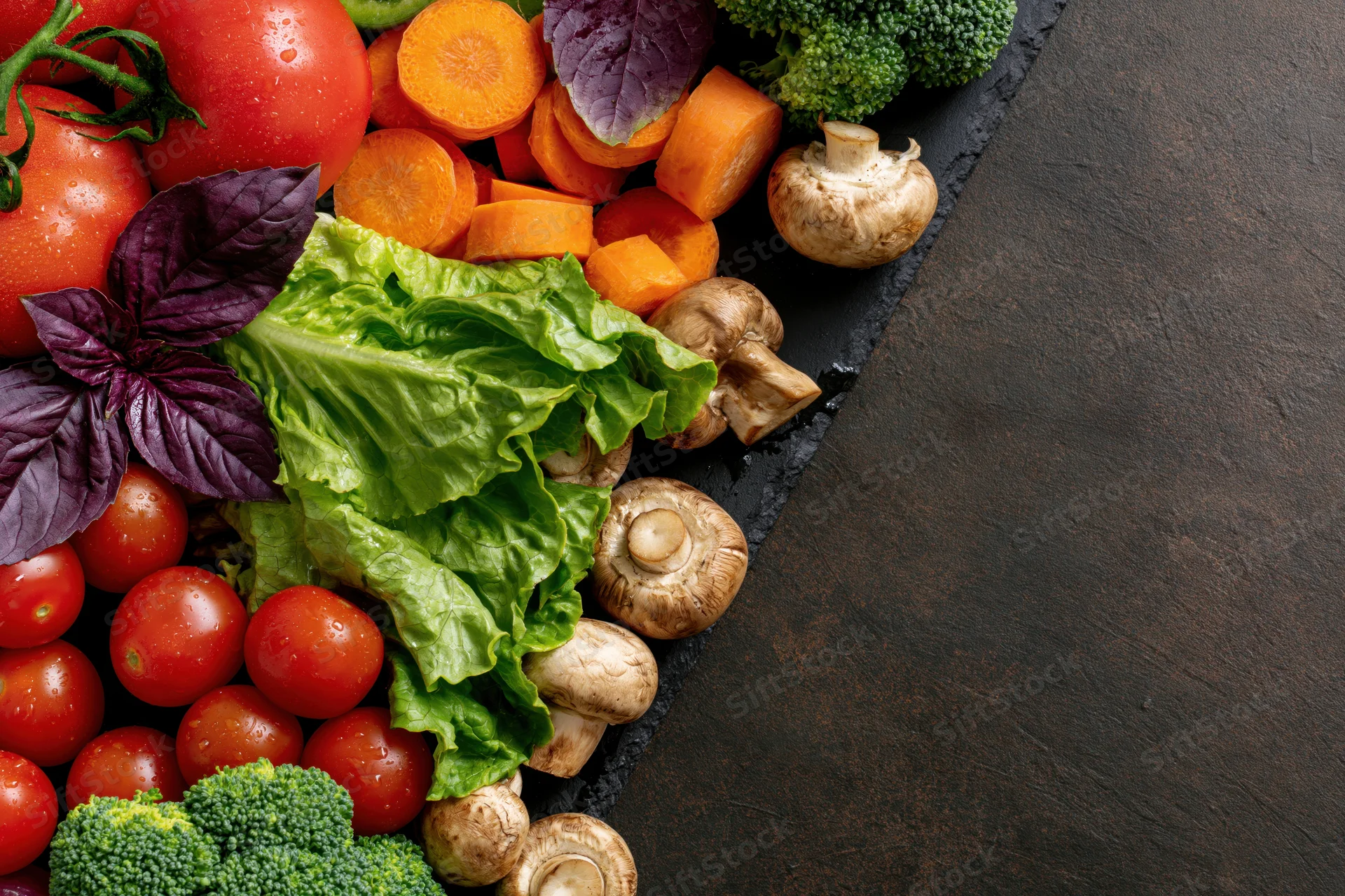 Fresh vegetables arranged along the left and top edge on a dark slate surface