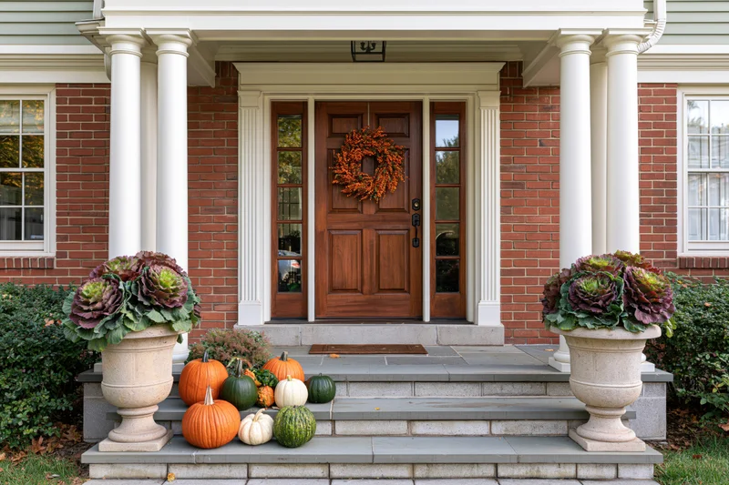 Front entrance of a brick colonial home decorated with pumpkins and a wreath for autumn