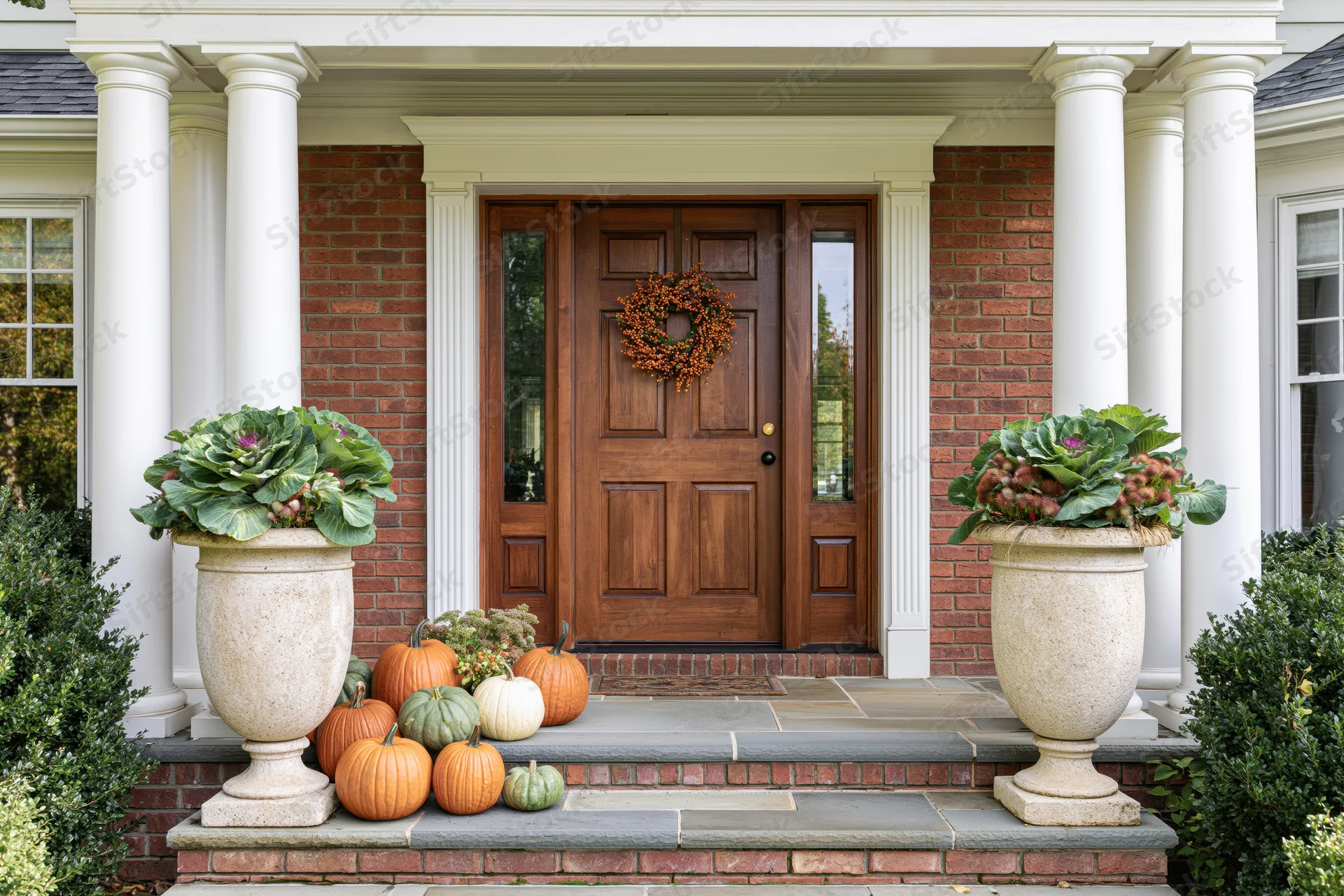 Colonial brick home front entrance decorated with pumpkins and wreath on porch steps