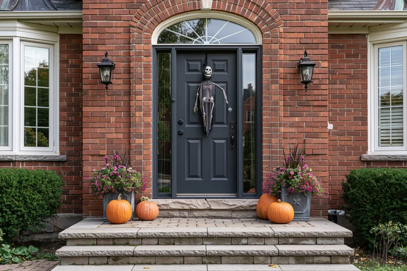 Front entrance of a brick house decorated for halloween with skeleton on door and pumpkins on porch steps